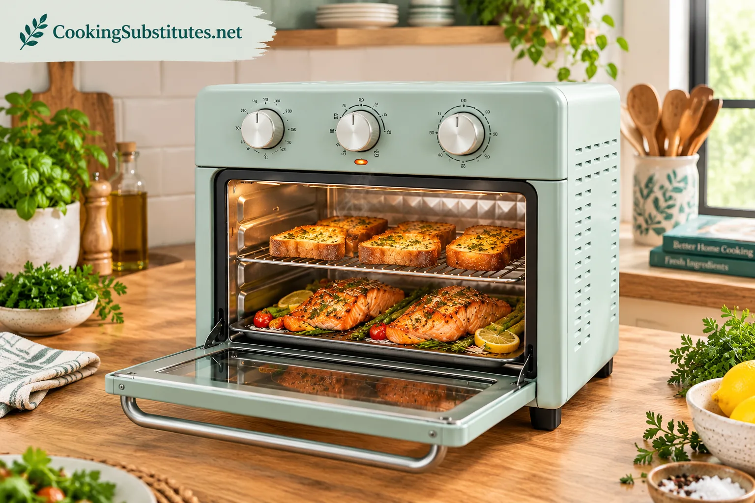 Best Air Fryers Without PFAS: 6 Safe Picks I Trust in 2026 5 Small air fryer oven without PFAS toasting bread and salmon on a steel rack