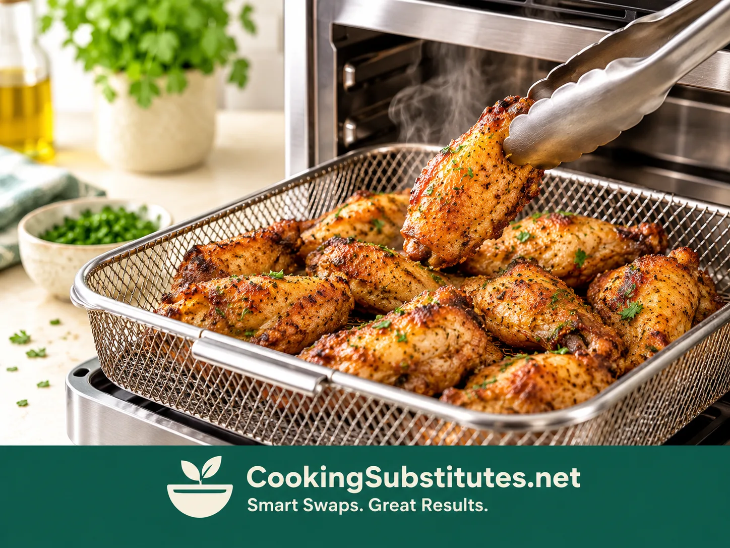Chicken wings on a stainless steel air fryer basket lifted with metal tongs