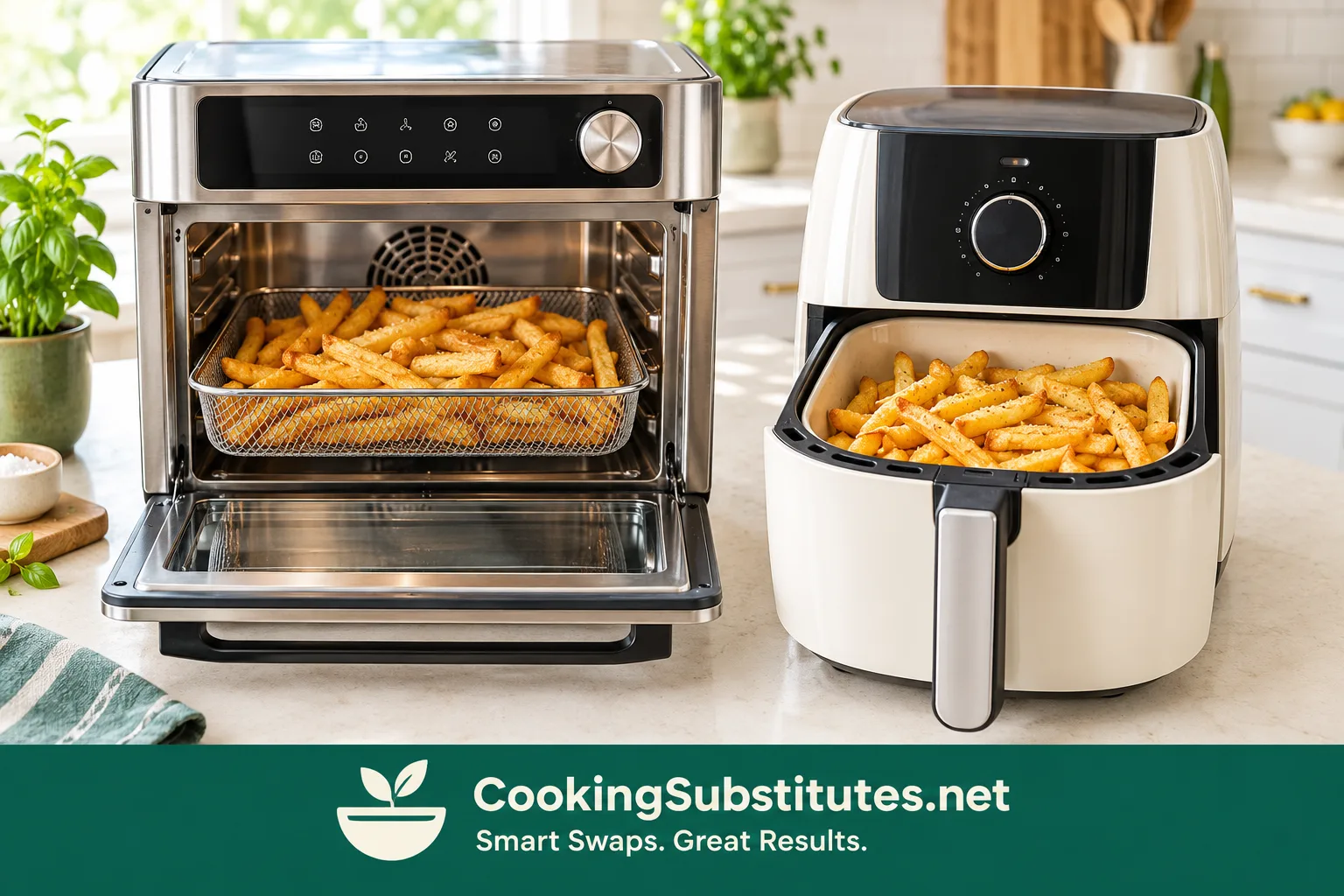 Stainless steel vs ceramic air fryer side by side on a kitchen counter