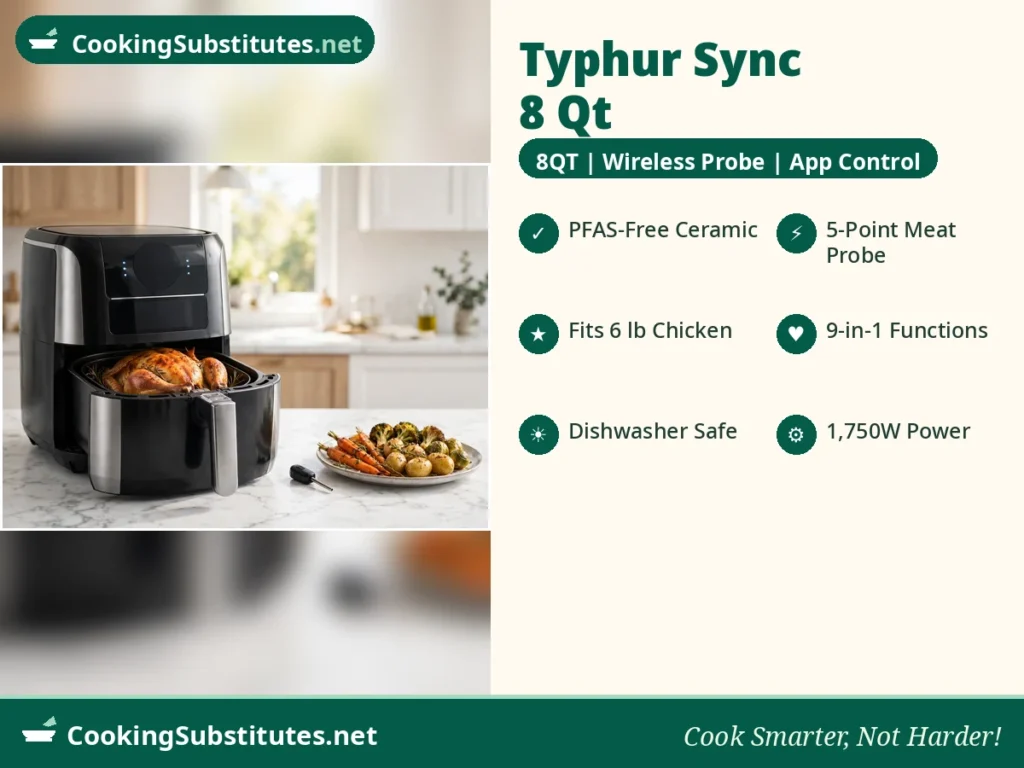 Typhur Sync 8 Qt ceramic coated air fryer with a wireless meat probe and a whole roasted chicken